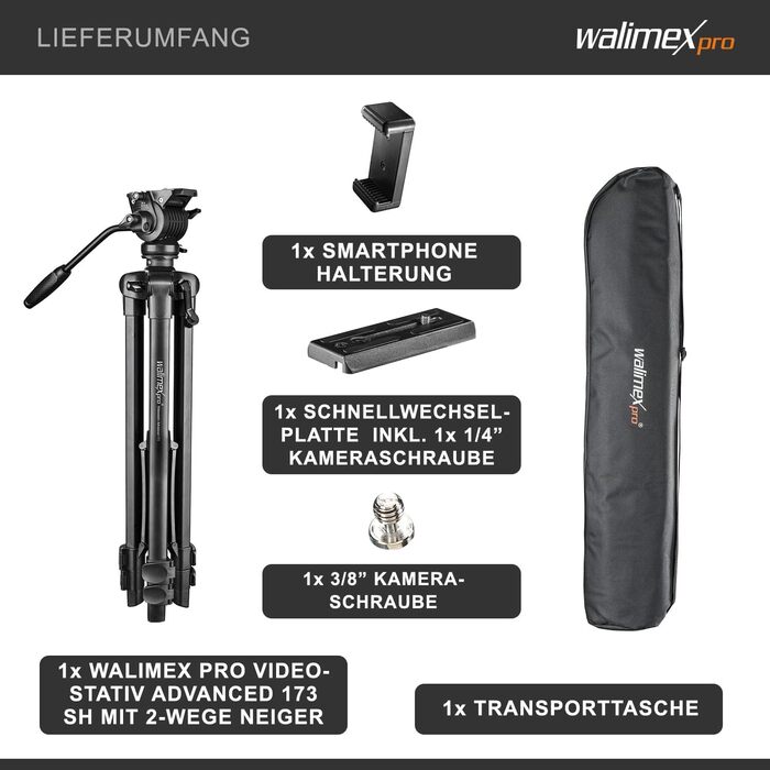 Відеоштатив Walimex pro Advanced 173 SH для DSLR камер, камкордерів та смартфонів, макс. навантаження 4 кг, з тримачем для телефону та сумкою