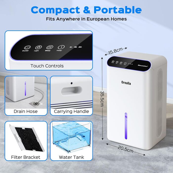 Електричний осушувач повітря для дому: тихий осушувач 67 м² з баком 2.5 л, таймером та режимом сну