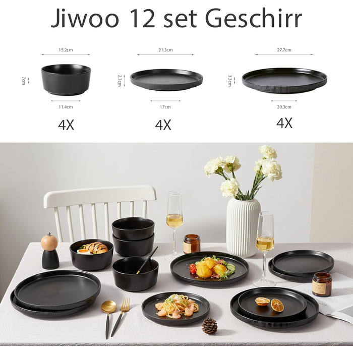 Набір посуду Jiwoo на 4 особи (12 предметів): тарілки, миски, десертні тарілки, Bone China, чорний матовий, для мікрохвильовки та посудомийної машини