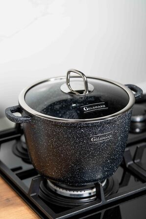 Каструля Goldmann 28 см з алюмінію з нержавіючою сталлю (10 л) з силіконовими ручками, антипригарне покриття з мармурової кераміки та скляною кришкою