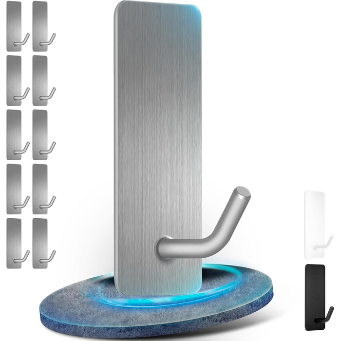 Набір гачків для рушників без свердління, 10 шт., самоклеючі гачки з нержавіючої сталі 304, міцні клейкі гачки для великих предметів, клейкі гачки для ванної, туалету та кухні, стійкі до іржі, срібні