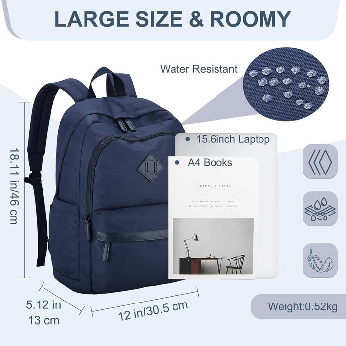 Ранець RAVUO для чоловіків та жінок, 15.6 дюймів, водонепроникний, для підлітків, рюкзак для школи, подорожей, роботи, чорний (синій)