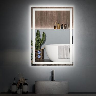 Дзеркало для ванної кімнати з підсвічуванням 50x70 см, сенсорне керування, протитуманне покриття, 3 кольори світла, регулювання яскравості, пам'ять налаштувань, матове, прямокутне