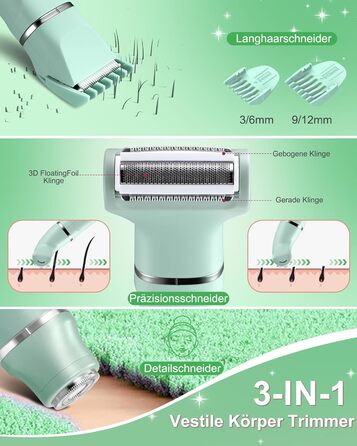 Електричний жіночий триммер 3-в-1 для тіла та обличчя, водонепроникний, зелений