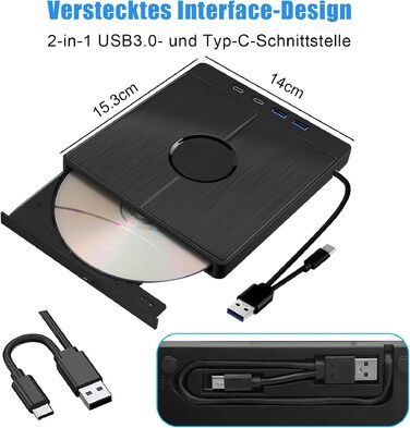 Зовнішній CD/DVD привід 9-в-1 для ноутбука та ПК, USB 3.0 з картридером SD/TF, портативний DVD-записувач для Windows, macOS, Linux