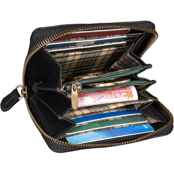Benthill Wallet Women's Small Genuine Leather | Wallet with RFID Protection | Slim Flat Card Holder with Zipper & 6 Card Slots, Color: Black