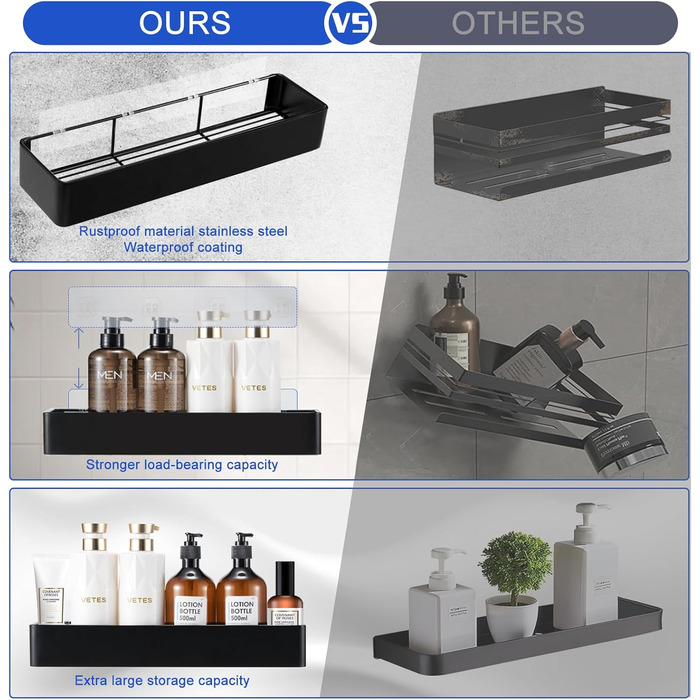 NOSTHEART Shower Shelf No Drilling, 2 Pack Shower Rack Organizer with Hooks, 38-40cm Bathroom Shelf with Large Capacity, Shower Basket for Bathroom and Kitchen