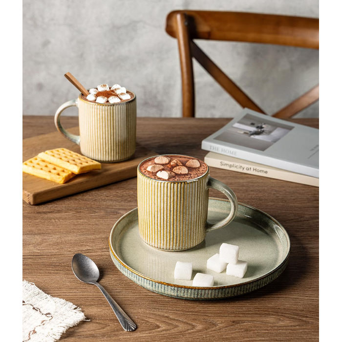 Набір посуду з каменю GBhome на 6 осіб, 18 предметів, ручна робота, реактивна глазур, мікрохвильова та посудомийна безпека, глибокий зелений колір (Desret Salbei), включає чашки (6 шт.)