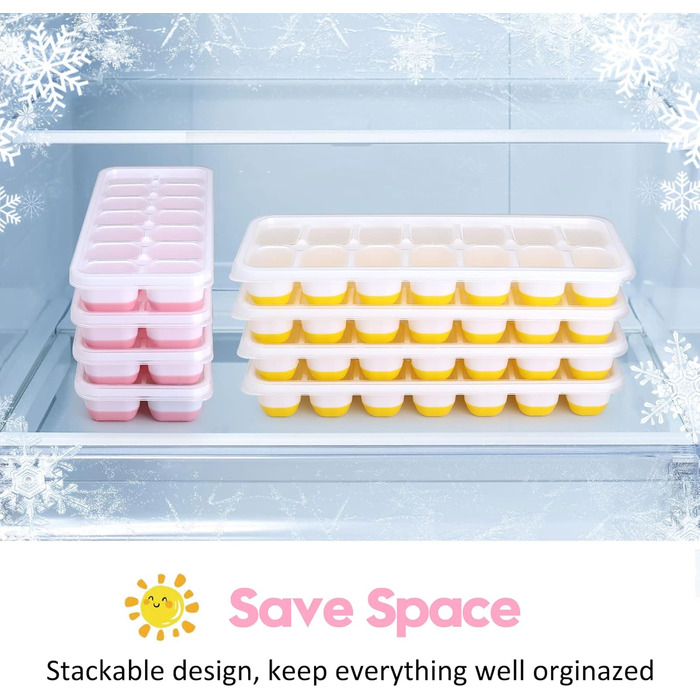 Силіконова форма для льоду з кришкою, BPA-free, набір 8 шт. Штабельний контейнер для кубиків льоду, сертифікат LFGB, для коктейлів, віскі та кави (2 рожеві + 2 жовті)