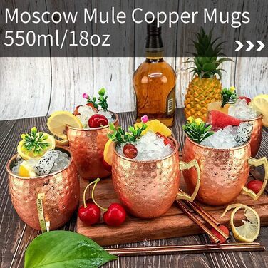 LINALL Moscow Mule Mug - 4-Piece Set, copper-plated stainless steel mugs, 550ml for chilled drinks - Copper