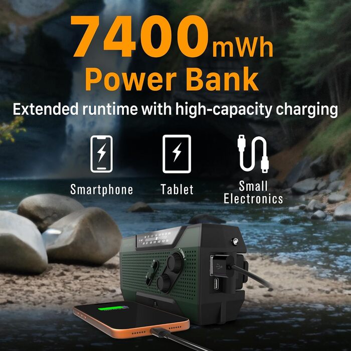 Радіоприймач FosPower NOAA/AM/FM з Power Bank 19240 мАг (5200 мАг) - сонячна/USB зарядка, ручний генератор, SOS-сигнал, ліхтарик, помаранчевий (Модель A1)