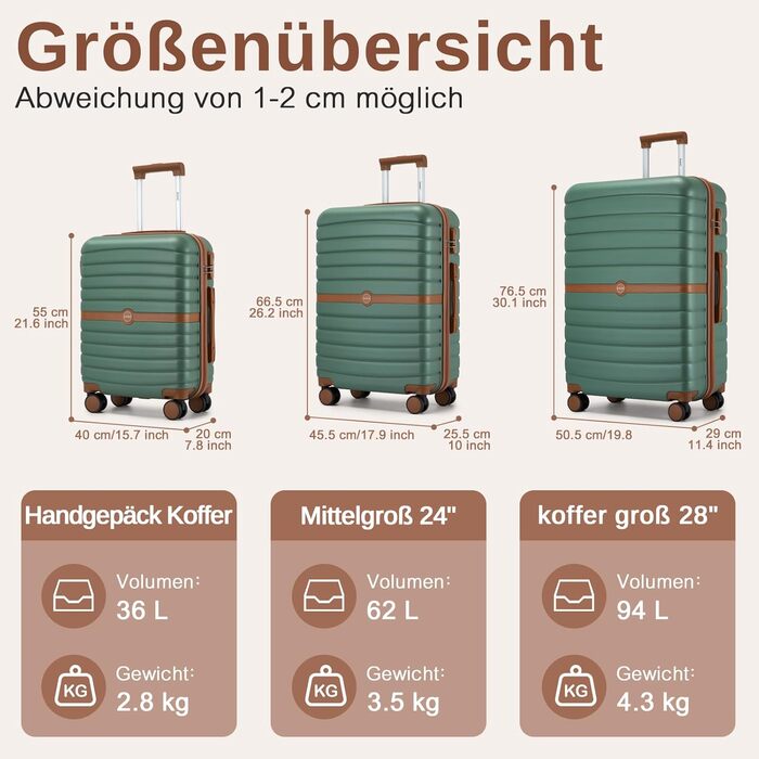 KONO Чемодан-валіза на коліщатках середнього розміру (66 см) з ABS+PC, з замком та подвійними колесами (Темно-зелений/Коричневий)