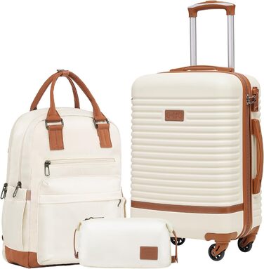 Валіза COOLIFE з ABS-пластику, 3-в-1 (ручна поклажа) з рюкзаком та косметичкою, TSA-замок, 4 колеса (білий/коричневий)