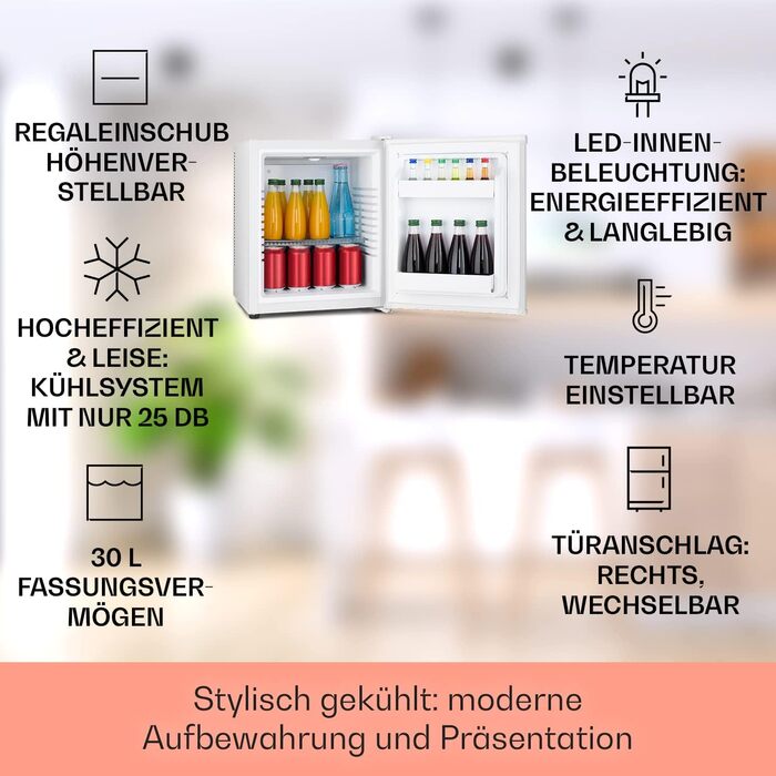 Klarstein Mini Холодильник для кімнати 30л, для напоїв та косметики, міні-бару, компактний та тихий, з регульованими полицями, Skincare Холодильник 5-15°C