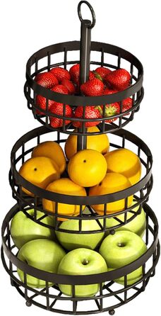 Багатоярусна металева підставка для фруктів та овочів MaxEarn - 3 яруси, велика місткість, з дерев'яними ручками