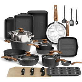 Набір каструль та сковорідок DishDelight 30 предметів з антипригарним покриттям, гранітне покриття, з кришками, зелений (чорний)