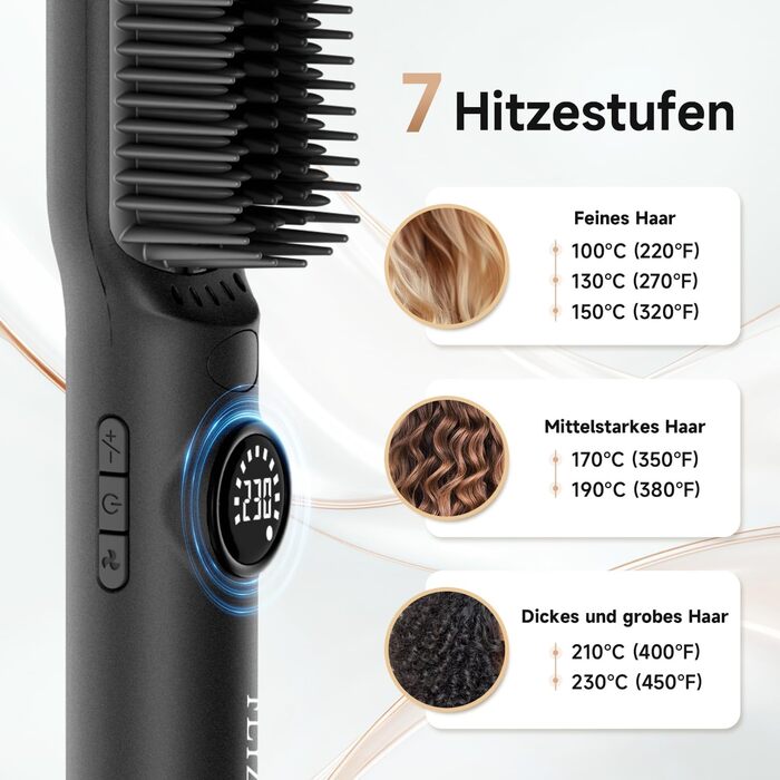 Гладка щітка 2-в-1 з алюмінієвими зубцями та захистом від опіків - для красивого волосся, підходить для всіх типів, 7 температур, LCD-дисплей, чорний