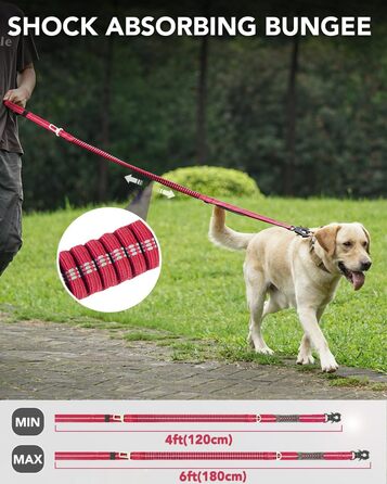 Тактична повідок для собак Joytale, еластична повідок з 2 м'якими ручками, страхувальний ремінь для авто, повідок без ривка для середніх, великих та екстра-великих собак (1.2м-1.8м, світиться рожева)