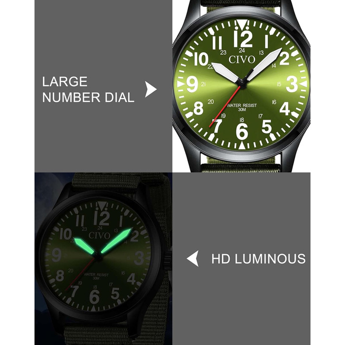 Чоловічий годинник CIVO Military B-4 Зелений/Чорний: Водостійкий, аналоговий кварц з великими цифрами та світловим покриттям