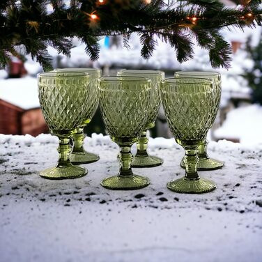 Vintage Set of 6 Colored Glasses and Tumblers with Diamond Pattern (Netz Green Wine Glass), Long Drink Glasses, Cocktail Glasses with Embossing, Glass, Tumbler, Wine Glass, Water Glass, Goblets