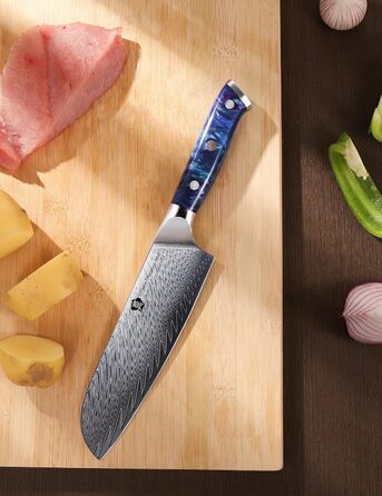Японський кухонний ніж Santoku WILDMOK 17 см, сталь VG10 Дамаск, синій ергономічний руків'я для кухні