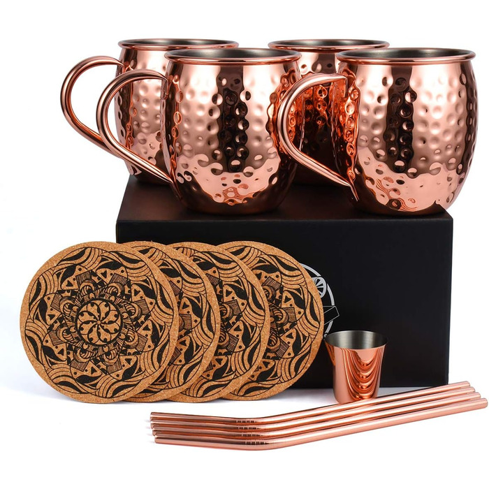 Moscow Mule Copper Mug Set, Handmade, Food-Safe, Copper Mug for Moscow Mule Cocktail, 473 ml, Gift Set with 1 Shot Glass, 4 Straws, and 4 Coasters, 4 Pieces