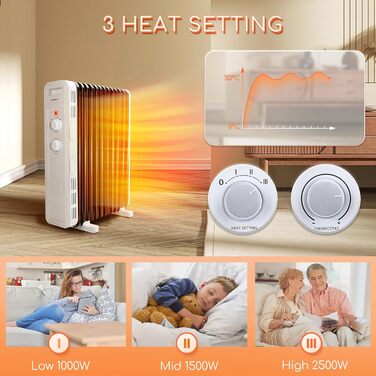 Електричний масляний радіатор Aigostar 2500W з термостатом, 13 ребер, 30м², 3 режими, захист від перекидання та перегріву