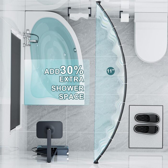 Вигнута регульована штанга для душової завіси, 101,6–182,9 см, нержавіюча сталь, розширювана, алюміній, кругла, міцна, для ванної/душу, чорна, монтаж з свердлінням, 40-72 дюйми, чорний