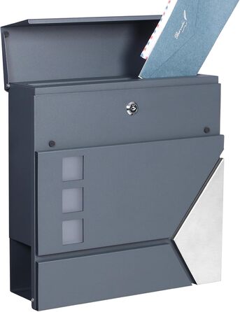 Поштовий ящик Wiltec Designer V24 антрацит/нержавіюча сталь 370x105x370 мм, настінний, з замком, оглядовим вікном та тримачем для газет
