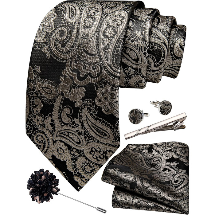 Набір краваток для чоловіків: краватка, нагрудна хустинка, краватки-слейв, краватки-кліпси, запонки, шпилька, 5 шт. (чорний та темно-золотий)