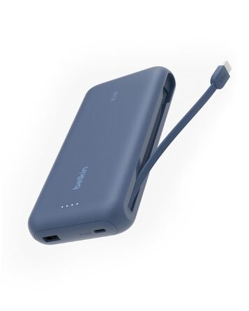 Зовнішній акумулятор Belkin BoostCharge 20K PD 30W з вбудованим кабелем USB-C, Power Bank для iPhone 16, iPad Pro, Samsung Galaxy S25, синій