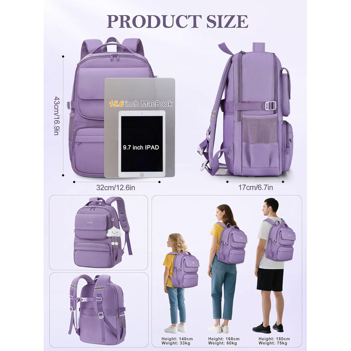 Шкільний рюкзак FIORETTO для підлітків та дівчат: 25L, водонепроникний, з відділенням для ноутбука 15.6