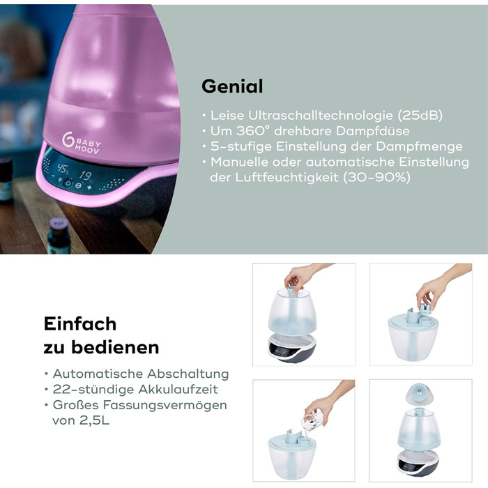 Babymoov Hygro Plus: Цифровий зволожувач повітря з нічним світлом (7 кольорів), автоматичним контролем вологості та розпилювачем для ефірних олій