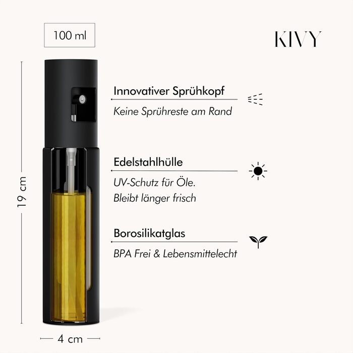 Розпилювач для олії KIVY 100 мл, чорний матовий – флакон з точним розпилювачем для оливкової олії, кулінарії