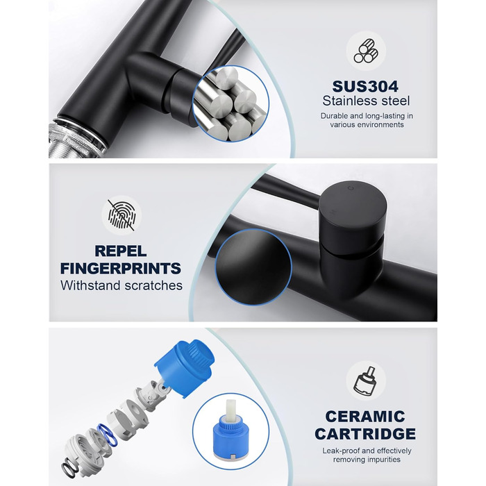 Кран кухонний iVIGA висувний з душем, водоспад, 360° поворот, мікшер, 3 режими, брашований нікель