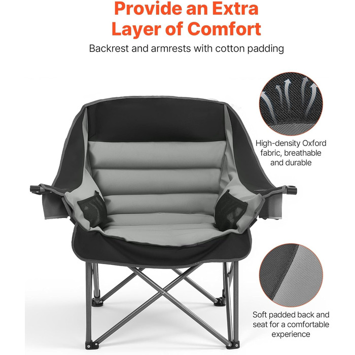 Кемпінговий стілець VEVOR великий, складний - до 204 кг, з підсклянниками, для риболовлі, пікніка, чорно-сірий