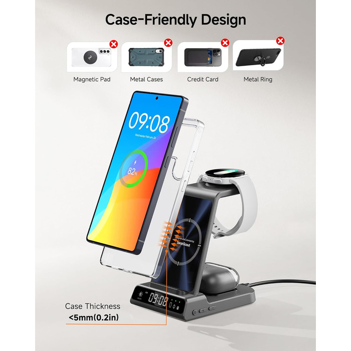 Бездротова зарядка leQuiven 3-в-1 для Samsung Galaxy S25 Ultra, S24, S23, Z Fold/Z Flip 7, Galaxy Watch 8/7/6/5/4, Galaxy Buds3 Pro (Tech Grey)