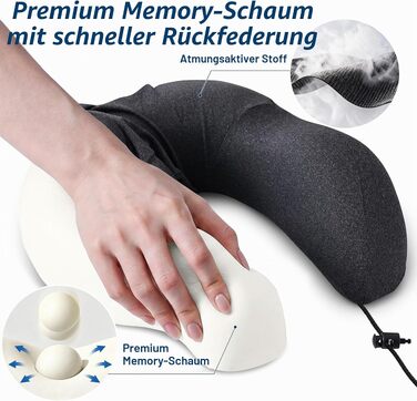 Подушка для подорожей Kobete з ефектом пам'яті (Memory Foam) для шиї, набір для сну в літаку, авто та поїзді: з 3D-маскою, берушами та сумкою, чорна
