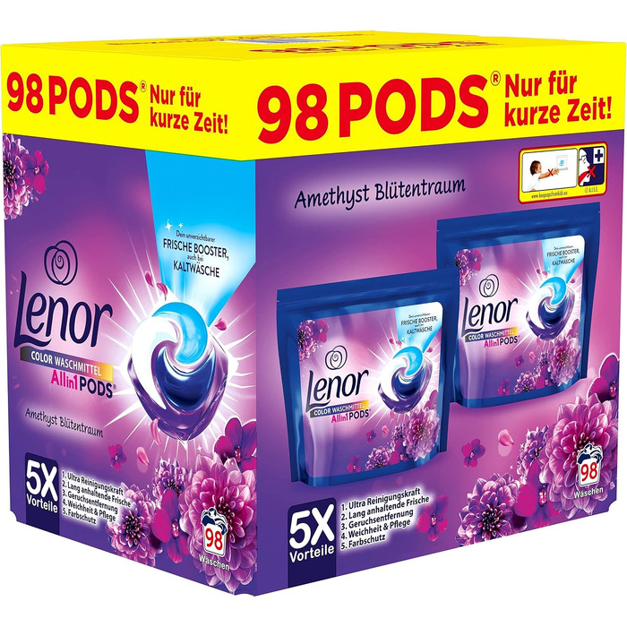 Капсули для прання кольорових речей Lenor All-in-1 PODS Amethyst Blütentraum, гігієнічне глибоке очищення та тривала свіжість, 98 шт