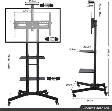Yaheetech Rolling TV Stand with Brakes - Adjustable Height, 3 Shelves, VESA 100x100 to 600x400 - Fits 32-75 inch TVs