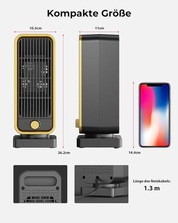 Електричний обігрівач 2000W з енергозбереженням, тихий, 3 режими, PTC кераміка, швидкий нагрів, ECO режим, пульт, таймер 12H, поворот 70°, для офісу, спальні, ванної кімнати (чорний)