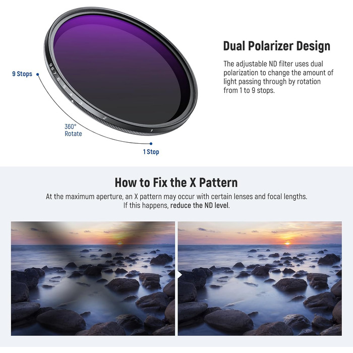 Фільтр ND2-400 (1-9 Stop) Variabler NEEWER 58mm для об'єктивів з нейтральною щільністю, з кришкою, стрічкою та серветкою