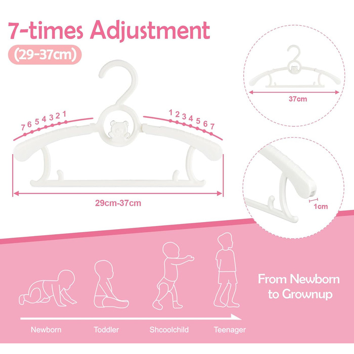Місця для дитячого одягу: 20 шт. Місця для одягу, що ростуть, для дітей, що економлять простір, з ручками у вигляді ведмедиків, неслизькі вішалки для немовлят та малюків, білі