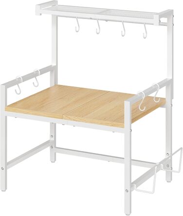 Поличка для мікрохвильової печі, кухонна поличка, 2 яруси, з підставкою для обробної дошки, органайзер з 8 гачками, коричнева, ABRBN5301