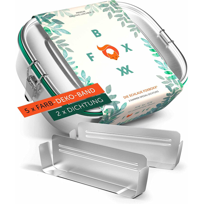 Stainless Steel Lunchbox Premium | Mini 800ml | 2 Dividers / 3 Compartments | 5 x DEKO color rings + 2 x Seal & Smart Clips | Leak-proof, eco-friendly lunchbox for kids