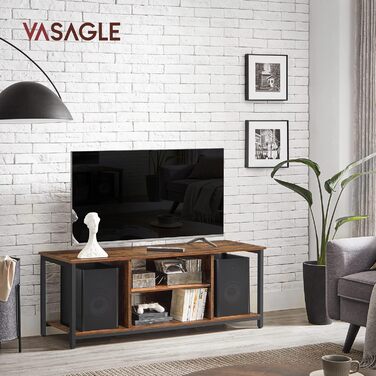 VASAGLE ТВ-тумба, телевізійний стіл, полиця для ТВ з відкритими відсіками, для вітальні та ігрової кімнати, для телевізорів до 55 дюймів, індустріальний дизайн, вінтаж, коричнево-чорна, 120 см