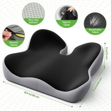 Ортопедична подушка для сидіння Benazcap з Memory Foam - для офісного крісла, автомобіля, інвалідного візка. Зменшує біль у куприку. Чорний/Сірий колір