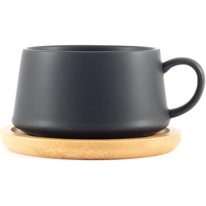 Набір кавових чашок 6 шт. об'ємом 360 мл, кераміка преміум-якості, велика ручка, для кави та чаю, чорний колір з підставками, 4 шт.