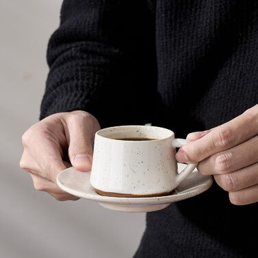 Набір керамічних чашок та підставок для кави з металевим стійкою (6 шт., 130 мл) - Cappuccino, Espresso, Latte, Americano, Чорний колір