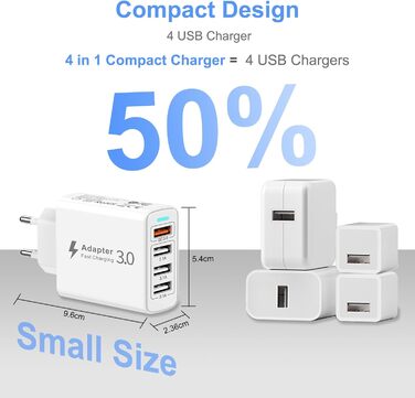 Багатопортовий зарядний пристрій USB з Quick Charge 3.0, 33W, 4 порти для iPhone 16/15/14/13/12/11/X, Samsung S24/S23/S21 та смартфонів
